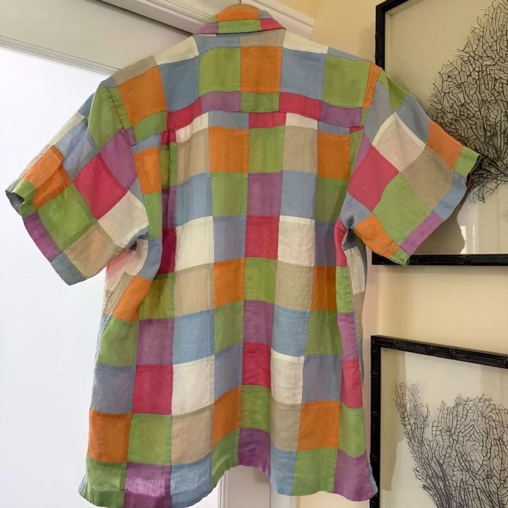 Paul Fredrick 100% Linen Bright Pastel Patchwork Button Down Shirt - Picture 4 of 8